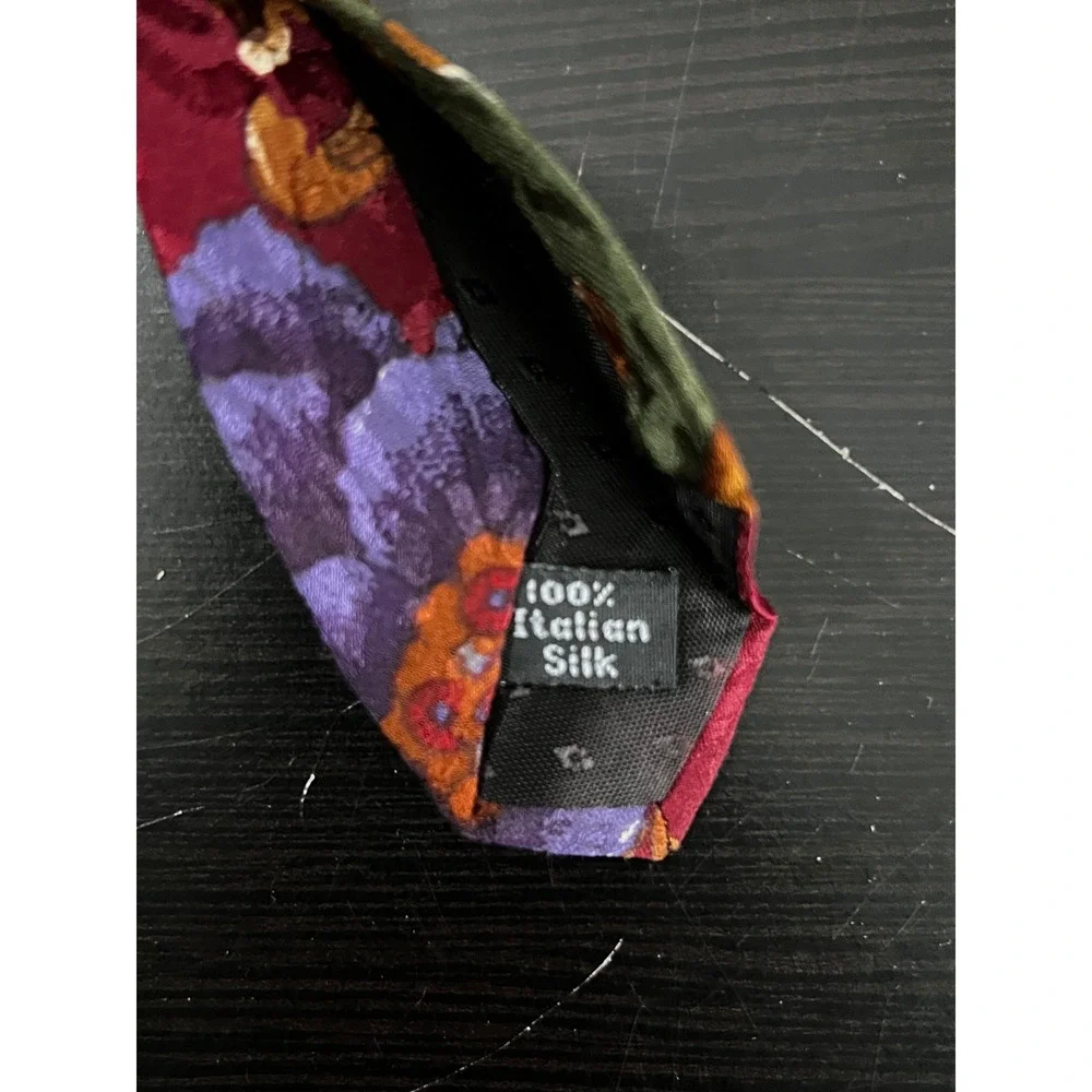 Bugatti‎ Mens Silk Tie Burgundy Green Baroque Floral Italian Jacquard Wide Blade